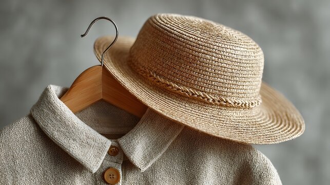 A straw hat on a hanger with a collared shirt