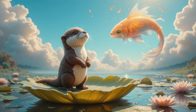rt of an adorable baby otter standing on a large glowing lily pad in a pond, looking up at a giant shimmering koi fish floating in the sky