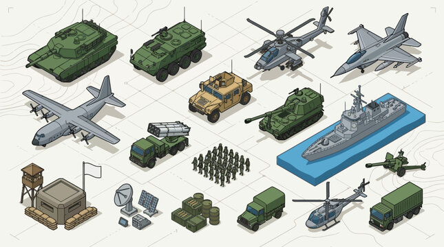 Isometric Military Vehicles and Equipment Set.