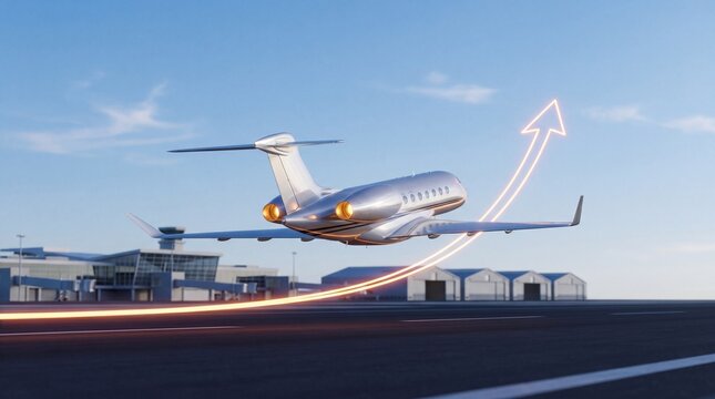 Silver Private Jet Ascending with Glowing Trail.