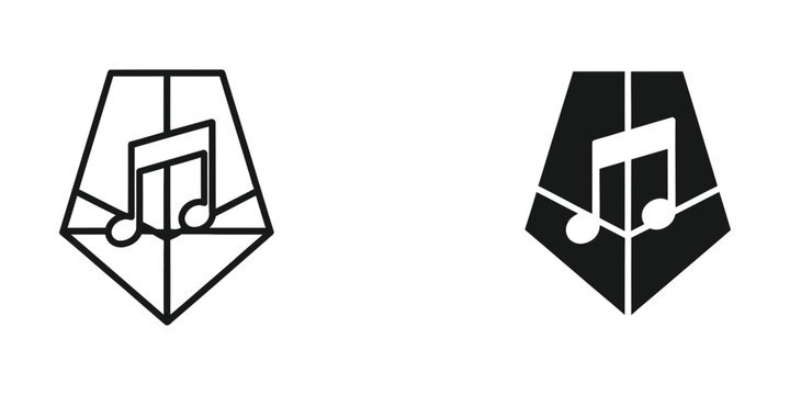 Contrast of musical note logos in white and black color schemes on pentagonal shields