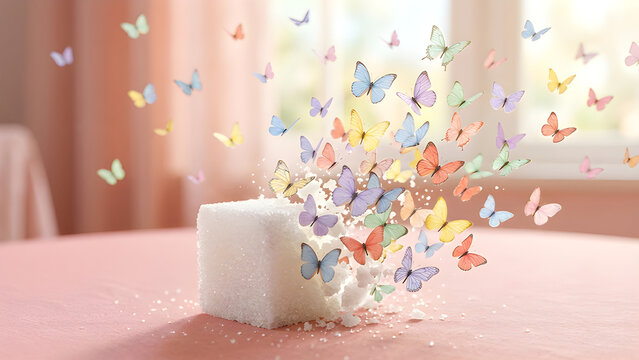 Beautiful macro realistic photo of a sugar cube dissolving into flying pastel butterflies representing quitting sugar.