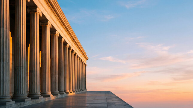 Majestic Classical Architecture with Grand Columns at Sunrise.