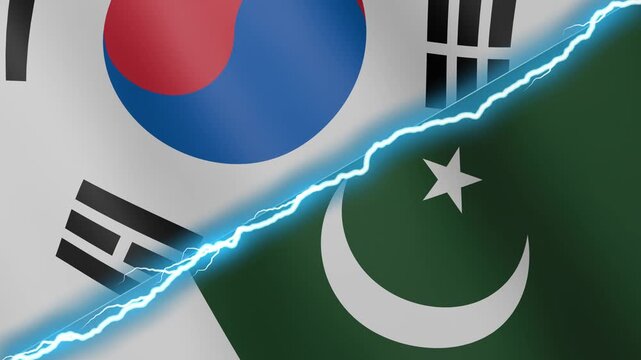 Two waving flags South Korea and Pakistan with diagonal lightning seamless, 4k loop