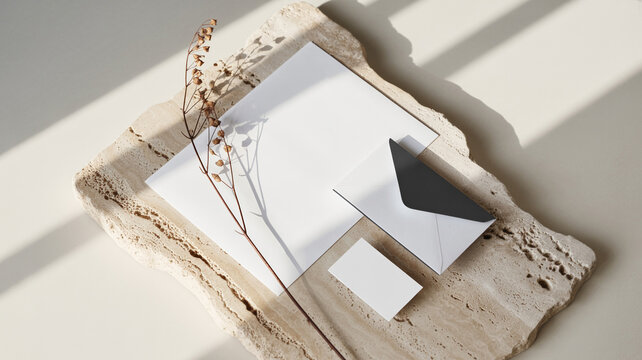 &Auml;sthetisches Briefpapier-Mockup auf Travertin mit Trockenblumen