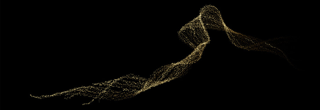 abstract flowing gold particle wave on black background for premium technology digital artificial intelligence and luxury data science concept