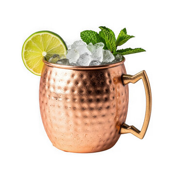 Refreshing moscow mule cocktail served in a hammered copper mug with lime slice and fresh mint