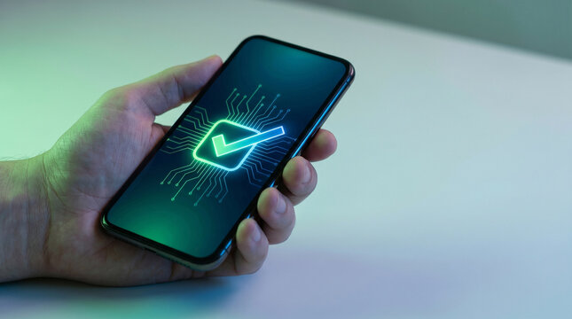 Hand Holding Smartphone with Glowing Green Neon Check Mark Icon on Screen in Dark Purple Neon Background
