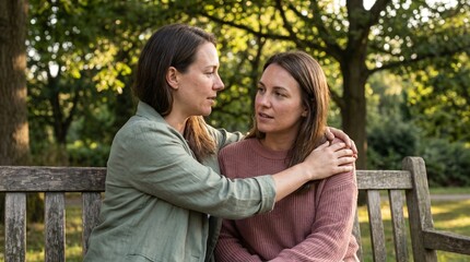 Fototapeta premium Women Comforting Each Other On Park Bench