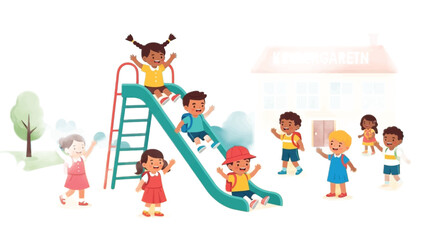 Obraz premium Children playing, kids playground, outdoor fun, colorful illustration, kids activities