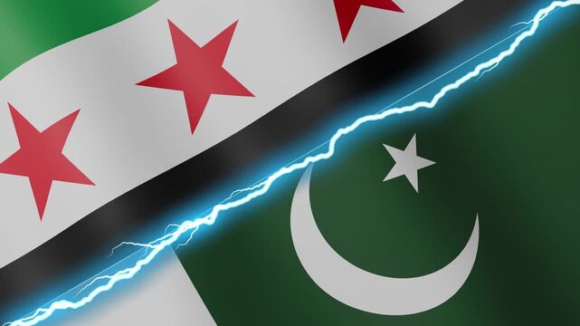 Two waving flags Syria and Pakistan with diagonal lightning seamless, 4k loop