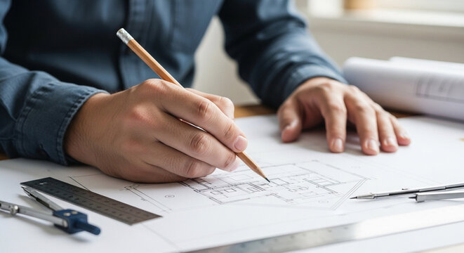 Close Up Architect Hand Drawing Technical Blueprint Floor Plan with Pencil and Compass on White Desk Professional Setting
