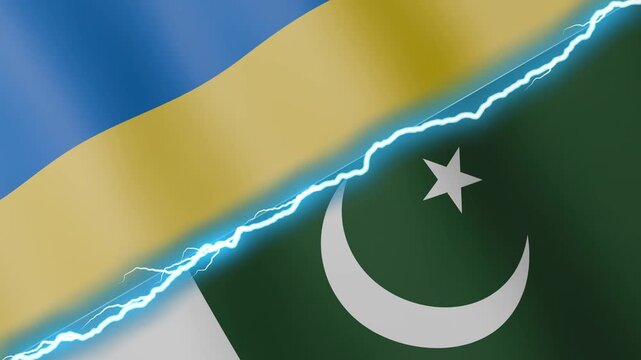 Two waving flags Ukraine and Pakistan with diagonal lightning seamless, 4k loop