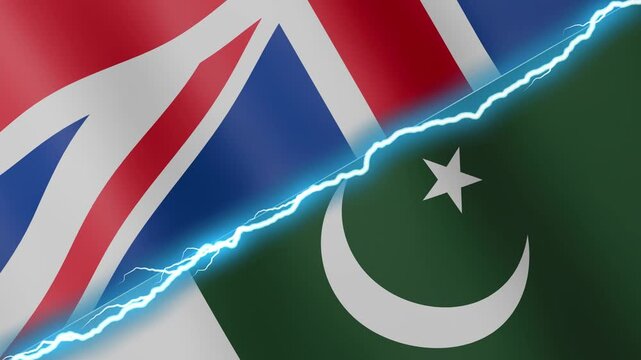 Two waving flags United Kingdom and Pakistan with diagonal lightning seamless, 4k loop