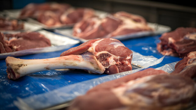 Raw meat displayed on a blue surface in a butcher shop or market