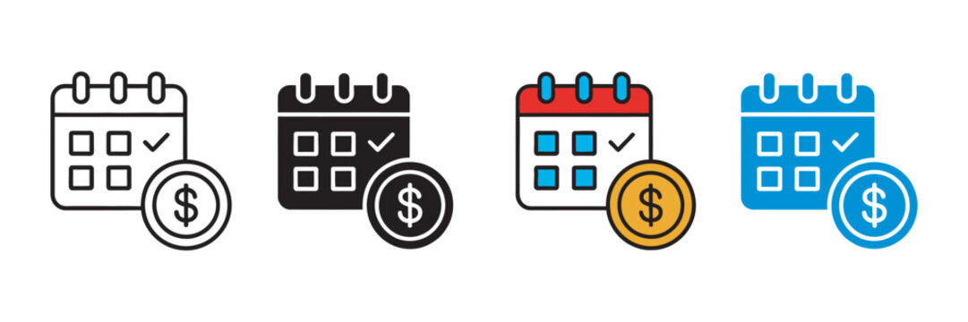 Calendar with dollar coin icon set, financial schedule symbol, budget planning tax deadline payment reminder investment tracking vector illustration
