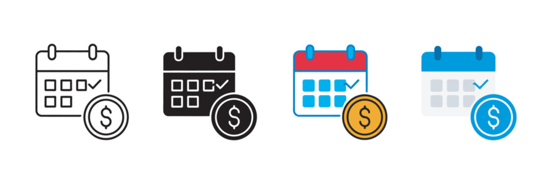 Calendar with dollar coin icon set, financial schedule symbol, budget planning tax deadline payment reminder investment tracking vector illustration
