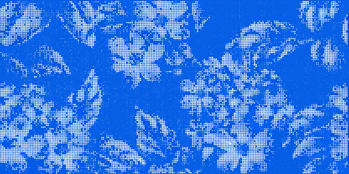 Abstract floral pattern with a halftone effect in shades of blue