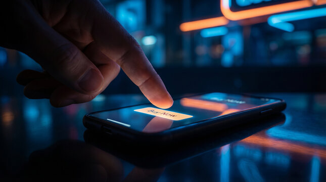 Close up of hand touching buy now button on smartphone screen in dark neon city, advanced mobile e-commerce shopping and secure digital payment concept for modern online retail apps