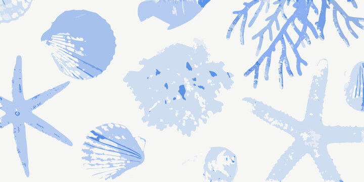 Blue and white seashell and starfish pattern on a light background