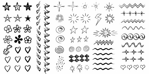 Obraz premium Collection of hand drawn doodle stars hearts and decorative line elements