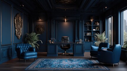 Fototapeta premium Luxurious private workspace features deep indigo paneled walls and elegant furnishings overlooking a city vista