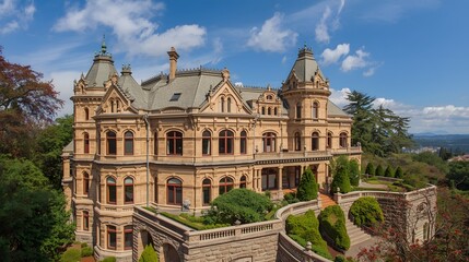 Naklejka premium The stunning Craigdarroch Castle stands majestically on a hill, exhibiting its historical architecture and detailed stonework on a sunny day with lush greenery.