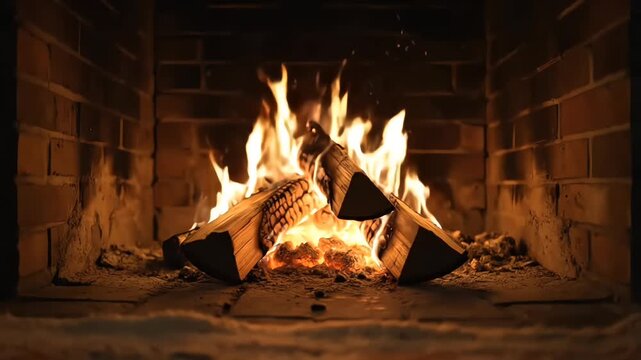 A Warm and Cozy Fireplace Loop Video Burning in a Rustic Brick Fireplace