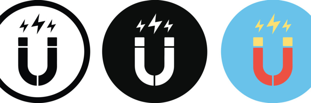 Types of magnets, illustration set, educational vector graphics showing magnetic objects and electrical icons for science learning and classroom use.