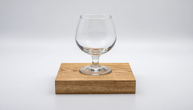 Empty snifter glass standing on a square wooden block podium
