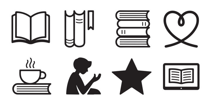 Academic study icons set with stacked books and open page and reader person and tablet display star.