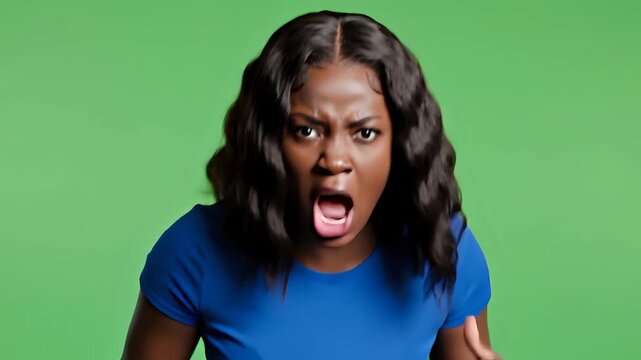 Young Black Woman Expressing Anger and Frustration on Green Screen.