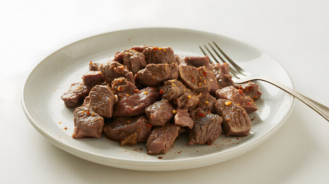 A plate of savory beef chunks seasoned with herbs and spices on a white background