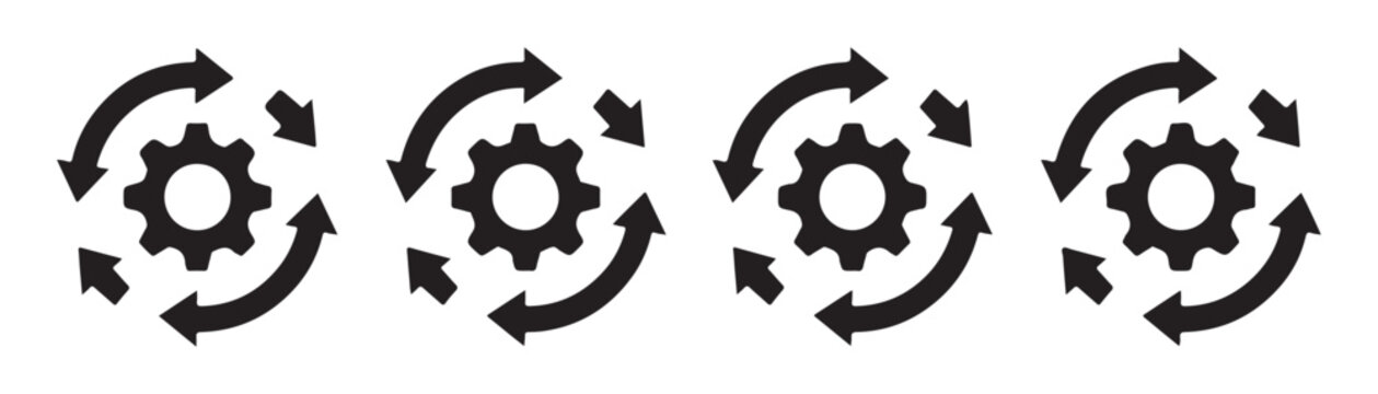 Industrial gear maintenance icons with four surrounding arrows representing continuous process flow.