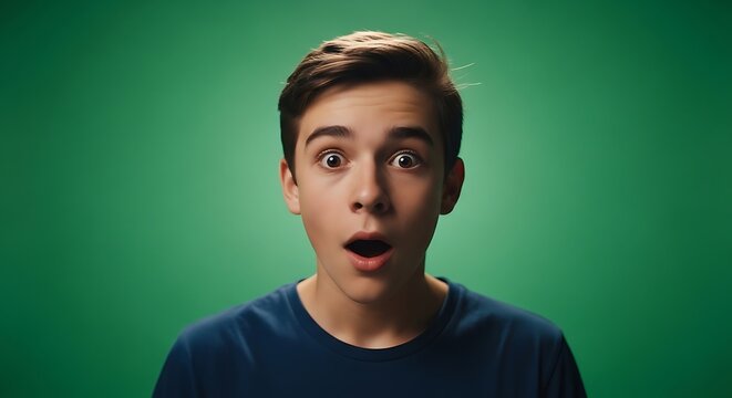 Amazed young individual with wide eyes and open mouth conveying surprise and shock staring directly forward with an expressive reaction against a vibrant green textured backdrop suitable for