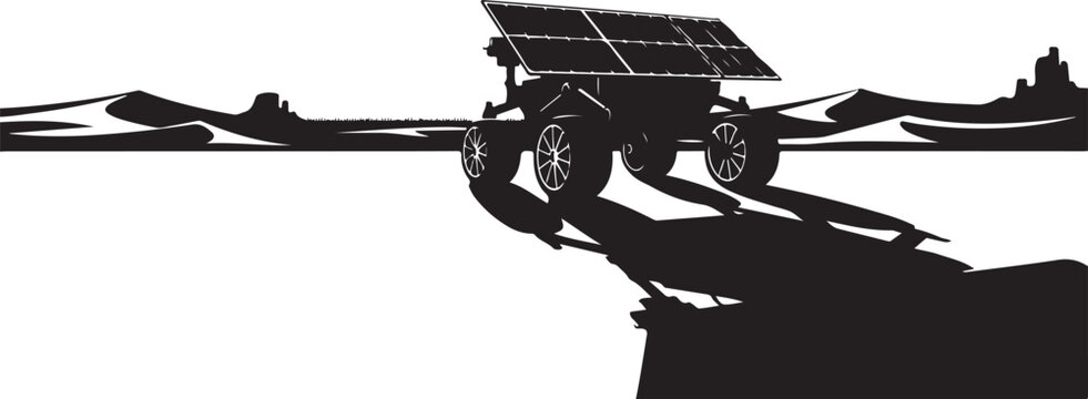 Solar panel rover, robotic vehicle, black silhouette, white background, space exploration