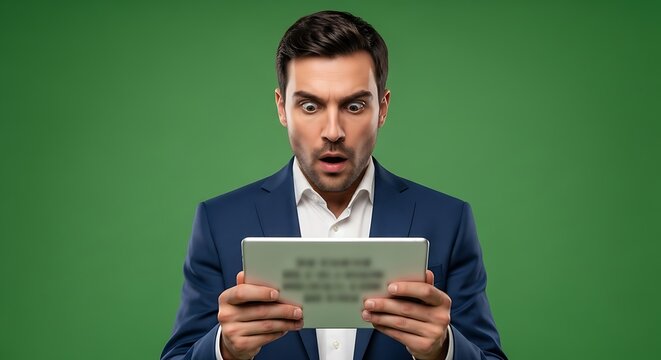 Expressive young businessman wearing a suit reacts with profound astonishment while observing unexpected critical information displayed on a tablet device held in his hands against a vibrant