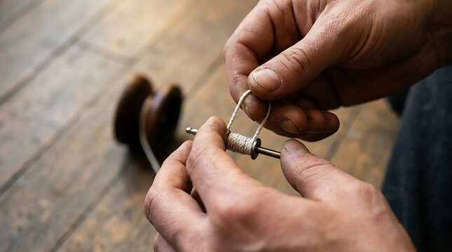 Close-up of artisan hands skillfully spinning thread on a spindle, showcasing a traditional craft process
