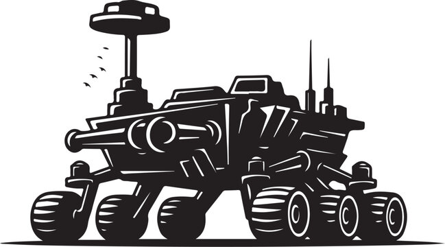 Futuristic tank, robotic vehicle, sci-fi illustration, black and white vector