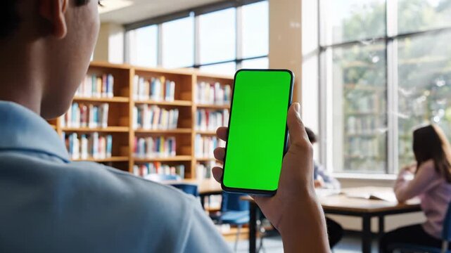 Student holding a mockup smartphone with green screen in school library