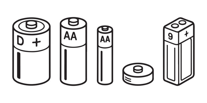 Set of different battery types and sizes isolated on transparent background illustration.