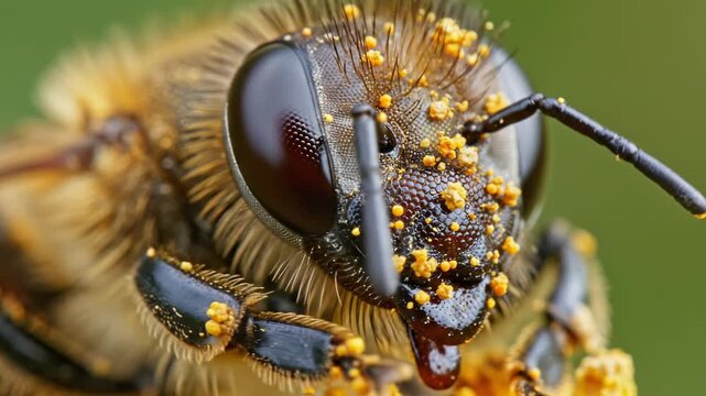 This showcases a bee covered in yellow pollen, highlighting its fuzzy body and busy nature as it collects nectar in a lush green environment, providing a detailed and educational look at the natural