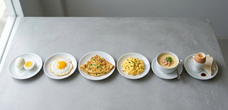 Variety of egg dishes including boiled, fried, omelet, scrambled, poached, and steamed custard on white plates. Healthy protein breakfast menu concept.