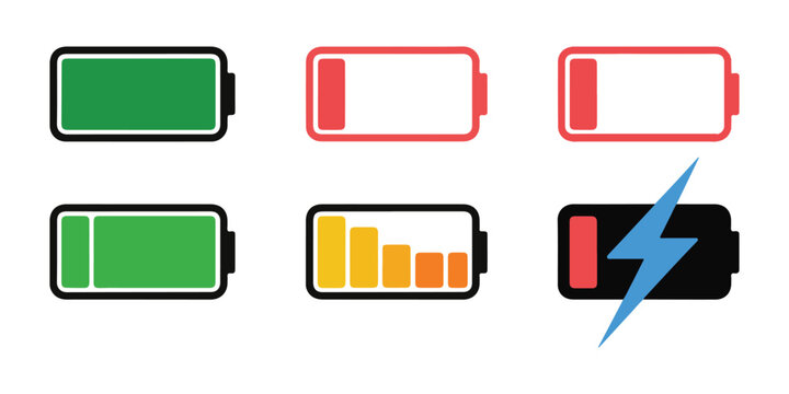 Horizontal battery life status symbols showing charging progress and low power alerts for hardware.