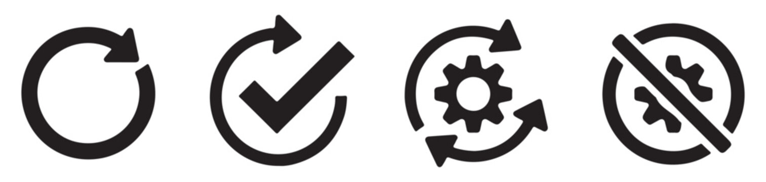 Set of four black icons representing refresh, check, process, and prohibition of gear symbol.