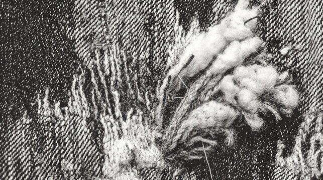 Grayscale worn denim texture background with distinct diagonal twill weave pattern, scattered damaged fuzzy patches and broken threads, vintage distressed worn fabric surface ideal for banner, wallpap