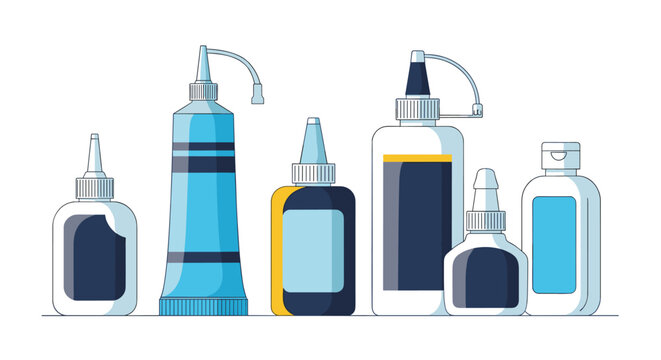 Collection of assorted glue containers including liquid glue bottles and squeezable tubes for household and office repairs.