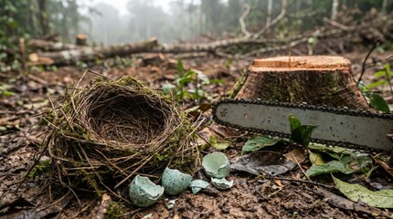 Fototapeta premium Deforested area with bird nest and broken eggs beside chainsaw