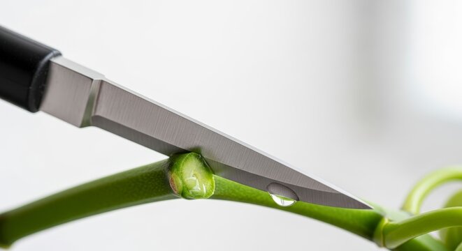 Close-up of a sharp knife cutting a green plant stem with a water droplet.