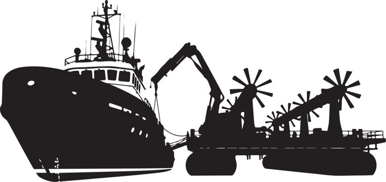 Black silhouette ship, excavator, and windmill icons, vector graphics, industrial symbols